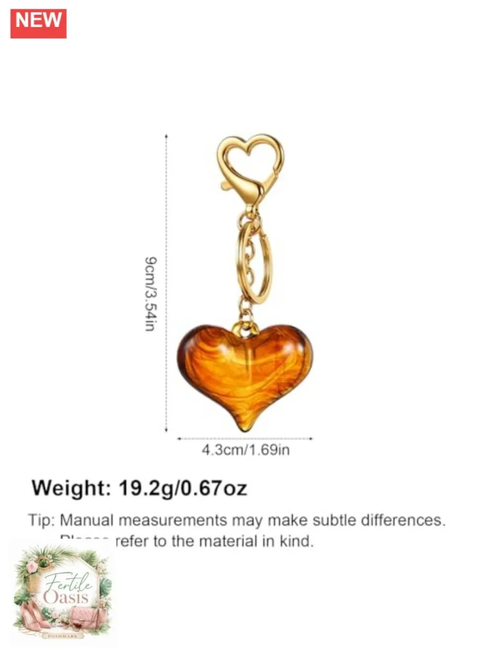 Amber Heart Keychain Bag Charm Gold-tone Clasp Acrylic Purse Accessory